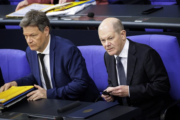 (R-L) Olaf Scholz, Federal Chancellor, and Robert Habeck, Federal Minister for Economic Affairs and Climate Protection and Vice-Chancellor, pictured during a session of the German Bundestag. Berlin, 20 March 2024