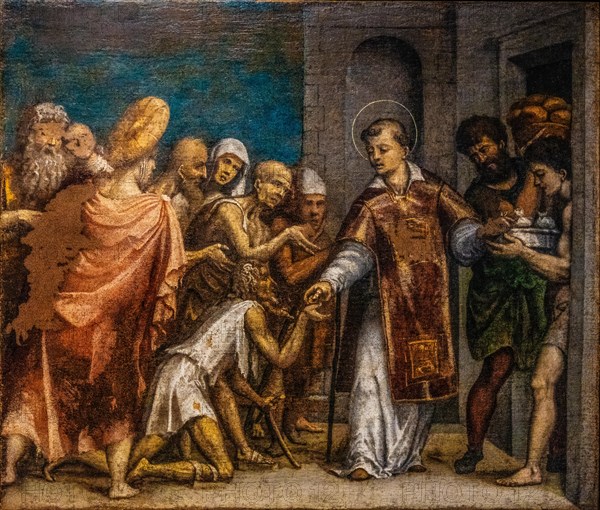 San Lorenzo distributing money to the poor, Giovanni Battitsta Grassi, 1558, Palazzo Patriarcale, Dioezesan Museum with the Tiepolo Galleries, 16th century, Udine, most important historical city of Friuli, Italy, Udine, Friuli, Italy, Europe
