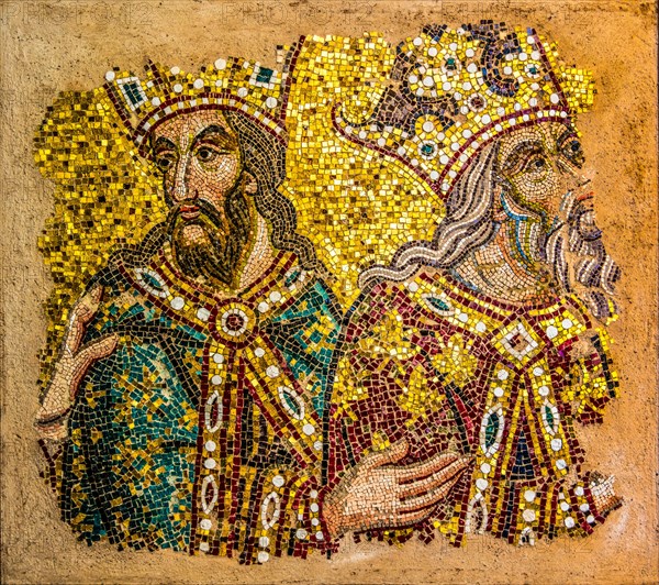 Soldier and Magi, mosaic copy of the Basilica of San Marco in Venice, mosaic school producing mosaic masters, Spilimbergo, city of mosaic art, Friuli, Italy, Spilimbergo, Friuli, Italy, Europe