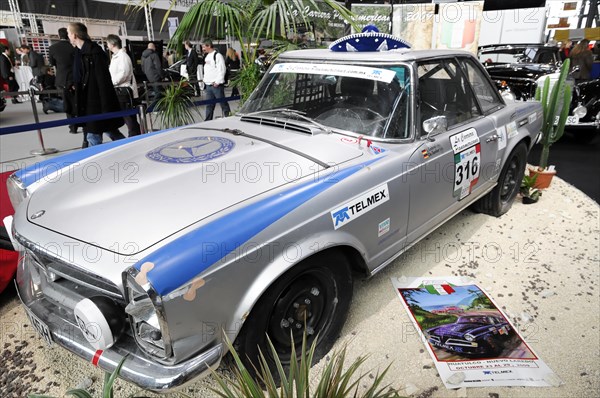 RETRO CLASSICS 2010, Stuttgart Messe, Stuttgart, Baden-Wuerttemberg, Germany, Europe, Mercedes, Grey-blue vintage rally car with sponsor logos at an exhibition, Europe