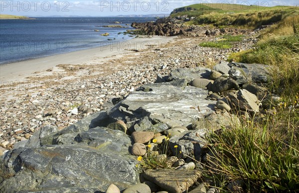 Rocks and sandy beach, Melby, near Sandness, Mainland, Shetland Islands, Scotland, United Kingdom, Europe