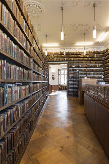 Shelves with old books, library of the Allgemeine Lesegesellschaft Basel, Basel, Switzerland, Europe