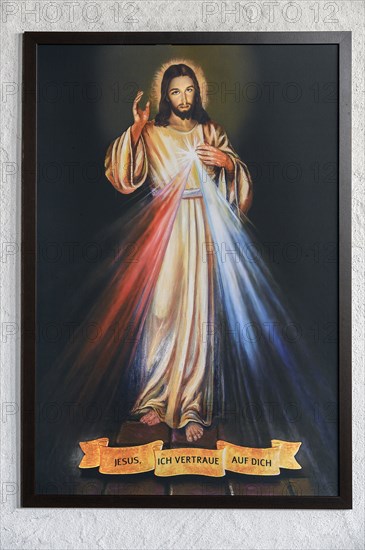 Poster with blessing Jesus figure, former monastery church Mater Salvatoris, Boerwang, Allgaeu, Swabia, Bavaria, Germany, Europe
