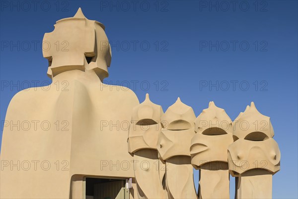 Roof with chimneys, La Pedrera, Casa Mila by Antoni Gaudi, Barcelona, Catalonia, Spain, Europe