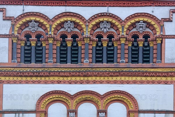 Tower with ornaments of St Matthias Church, detail, columns, windows, figures, Benedictine Abbey, Trier, Rhineland-Palatinate, Germany, Europe