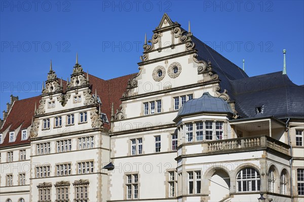 Roof gables and roofs of the New Government, a building in the Neo-Renaissance or Weser Renaissance style, in Minden, Muehlenkreis Minden-Luebbecke, North Rhine-Westphalia, Germany, Europe