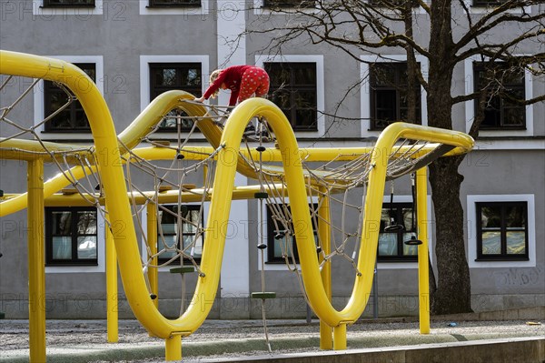 Steel scaffolding with net, children's playground, Kempten, Allgaeu, Bavaria, Germany, Europe