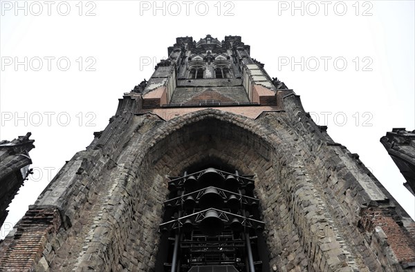 St Peter's Church, parish church, construction began in 1310, Moenckebergstrasse, upward view of the Gothic church tower with striking brick structures, Hamburg, Hanseatic City of Hamburg, Germany, Europe