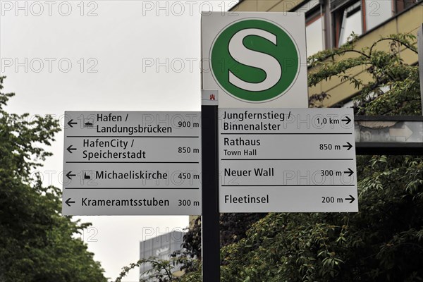 A signpost with directions to various tourist destinations in a city, Hamburg, Hanseatic City of Hamburg, Germany, Europe