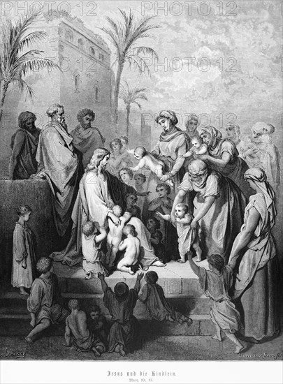 Jesus and the little children, Gospel of Mark, chapter 10, blessing, crowd, infants, mothers, disciples, kingdom of God, outdoors, palm trees, New Testament, Bible, historical illustration 1886