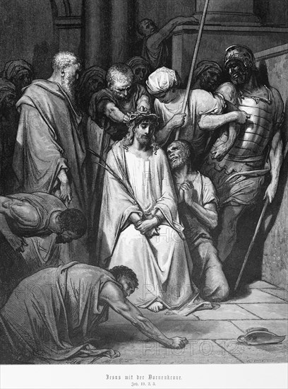 Jesus with the crown of thorns, Gospel of John, chapter 19, thorns, crown, suffering, palm branch, Pilate, soldier, cloak, New Testament, Bible, historical illustration 1886