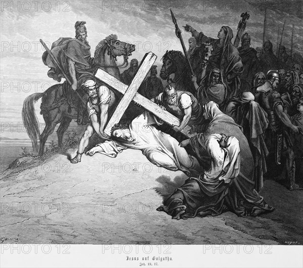 Jesus on Golgotha, Gospel of John, Chapter 19, Crucifixion of Jesus, Place of the Skull, Horseman, Soldier, Crowd, New Testament, Bible, historical illustration 1886