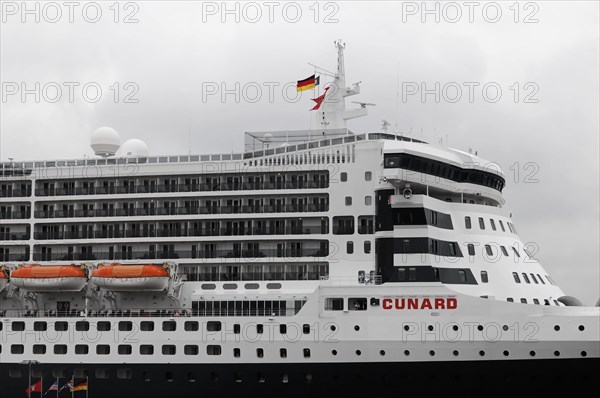 Detailed view of a Queen Mary 2 cruise ship of the Cunard Line with visible lifeboats, Hamburg, Hanseatic City of Hamburg, Germany, Europe