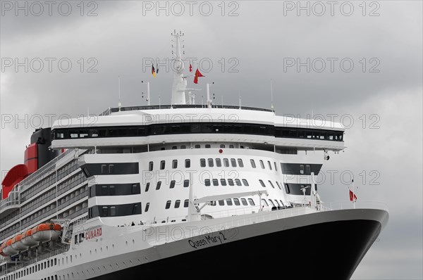 Close-up of the upper decks of a cruise ship Queen Mary 2, with red funnel, Hamburg, Hanseatic City of Hamburg, Germany, Europe