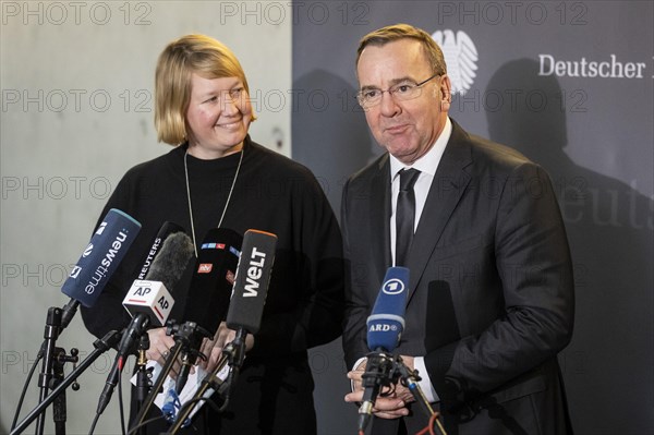 Boris Pistorius (SPD), Federal Minister of Defence with Wiebke Esdar, Member of the German Bundestag (SPD) and Chairwoman of the 'Sondervermoegen Bundeswehr' committee during a press statement in the German Bundestag in Berlin, 20.03.2024