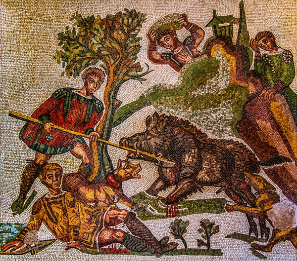 Small hunting trip, mosaic copy, Piazza Armerina, 4th century, mosaic school producing mosaic masters, Spilimbergo, city of mosaic art, Friuli, Italy, Spilimbergo, Friuli, Italy, Europe