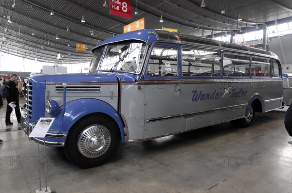 RETRO CLASSICS 2010, Stuttgart Messe, A blue and white vintage bus of the brand 'Wander Falke' at a car show, Stuttgart Messe, Stuttgart, Baden-Wuerttemberg, Germany, Europe