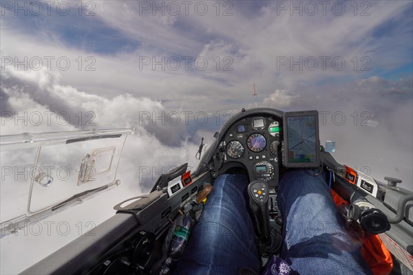 Aerial photo, above the clouds, gliding, glider, cockpit, instruments, flying, aviation, air sports