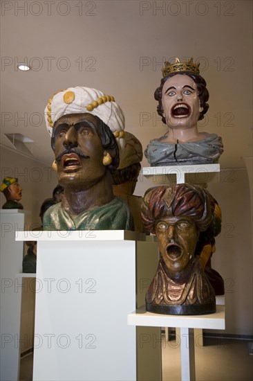 Display of old open mouthed gaper heads traditionally used to identify a pharmacy in Holland, Zuiderzee museum, Enkhuizen, Netherlands