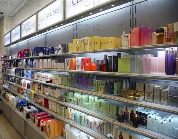 Perfume products in duty free shop, Rhodes airport, Greece, Europe