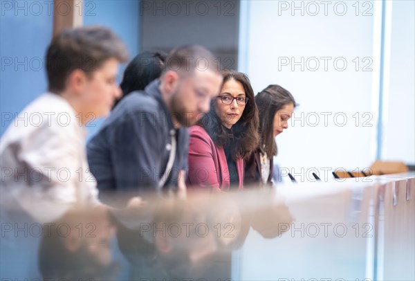 (R-L) Yasmin Fahimi, Chairwoman, German Trade Union Confederation (DGB), Matthias Keussen, Athletic Sonnenberg e.V., representative for the German Sports Youth in the DOSB and Anna-Nicole Heinrich, President of the Synod of the Protestant Church in Germany (EKD) of the Alliance Together for Democracy. In the Federation. Locally. For all. at a federal press conference in Berlin, 21 March 2024