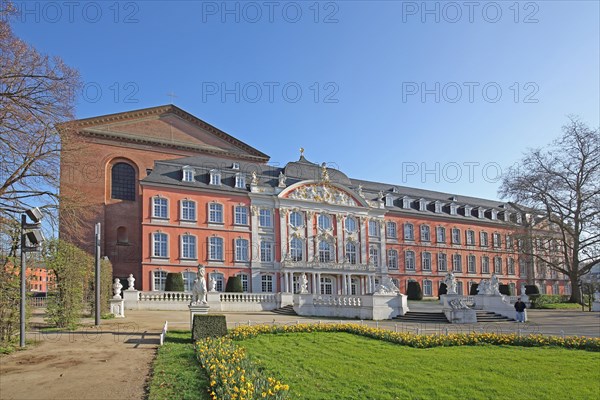 Electoral Palace and Constantine Basilica with palace garden in spring and daffodils, Trier, Rhineland-Palatinate, Germany, Europe