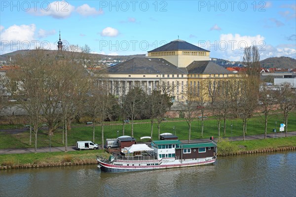 View over the Saar with ship to the State Theatre, Saarufer, Saarbruecken, Saarland, Germany, Europe