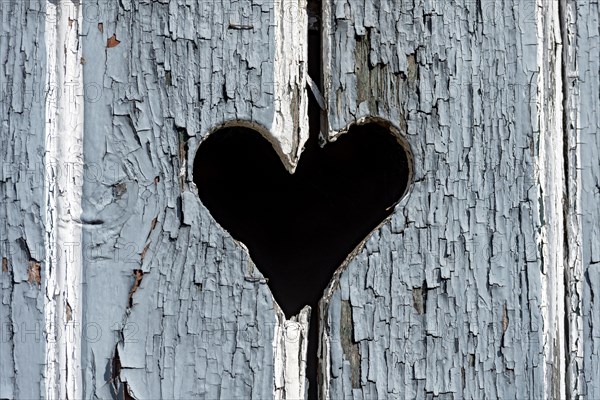 Wooden door with heart, stable door, light-coloured lacquer, weathered, old farmhouse, idyllic, romantic, Nidda, Vogelsberg, Wetterau, Hesse, Germany, Europe