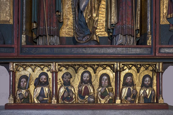 Predella from the Marian altar around 1500, altarpiece with Christ and his six apostles, St Clare's Church, Koenigstrasse 66, Nuremberg, Middle Franconia, Bavaria, Germany, Europe