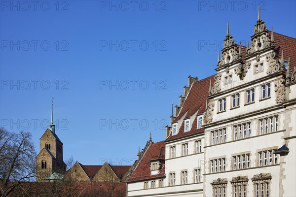 Roof gables and roofs of the New Government, and the Minden Cathedral, Muehlenkreis Minden-Luebbecke, North Rhine-Westphalia, Germany, Europe