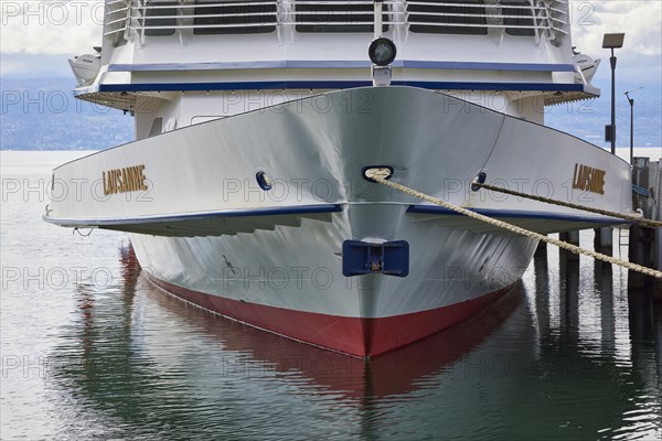 Passenger ship Lausanne lies in Lake Geneva and is moored with her bow with two thaws in the harbour of Ouchy, Lausanne, district of Lausanne, Vaud, Switzerland, Europe