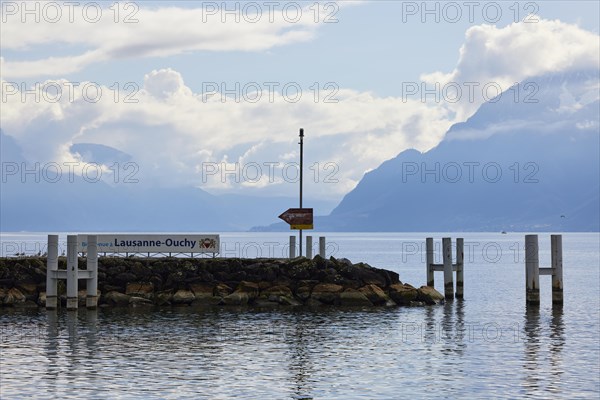 Headland with sign for the harbour of Lausanne-Ouchy and Duckdalben in Lake Geneva with fog-covered mountains in the background with backlight in the harbour of Ouchy, Lausanne, district of Lausanne, Vaud, Switzerland, Europe