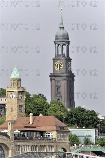The Hamburg Michel with its striking tower clock under a cloudy sky, Hamburg, Hanseatic City of Hamburg, Germany, Europe