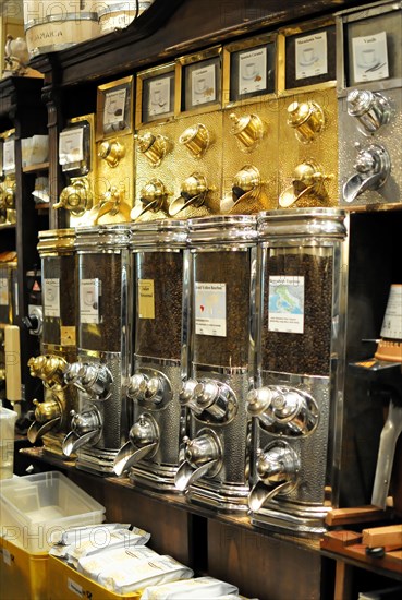 Coffee, Shiny coffee container full of coffee beans in a cafe, Hamburg, Hanseatic City of Hamburg, Germany, Europe