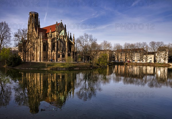 St John's Church, Reflection in the Lake of Fire, Stuttgart-West, Stuttgart, Baden-Wuerttemberg, Germany, Europe