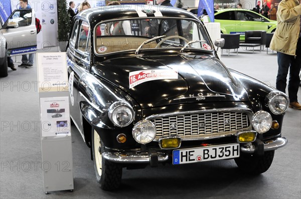 RETRO CLASSICS 2010, Stuttgart Trade Fair, A black vintage car with rally stickers Skoda Octavia, stands in the showroom, Stuttgart Trade Fair, Stuttgart, Baden-Wuerttemberg, Germany, Europe