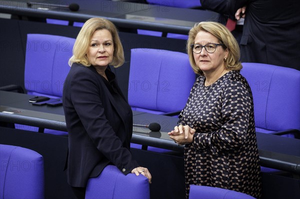 (R-L) Svenja Schulze, Federal Minister for Economic Cooperation and Development, and Nancy Faeser, Federal Minister of the Interior and Home Affairs, pictured during a meeting in the German Bundestag. Berlin, 20 March 2024