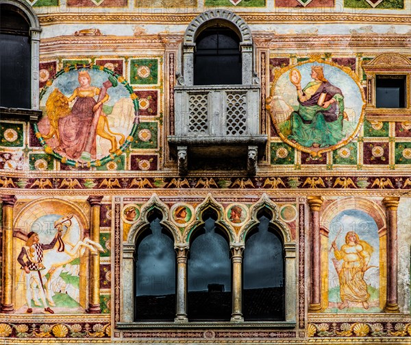 Palazzo Dipinto, facade with painted frescoes, historic city centre, Spilimbergo, Friuli, Italy, Spilimbergo, Friuli, Italy, Europe