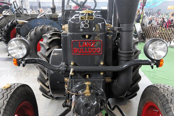 RETRO CLASSICS 2010, Stuttgart Messe, Close-up of a Lanz Bulldog vintage tractor from the front in an exhibition, Stuttgart Messe, Stuttgart, Baden-Wuerttemberg, Germany, Europe