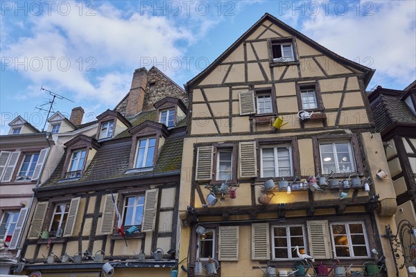 Facades of historic half-timbered houses decorated with watering cans in the old town centre of Colmar, Department Haut-Rhin, Grand Est, France, Europe