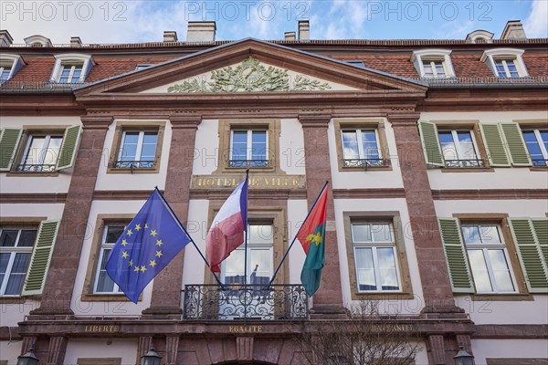 Flags and facade of the town hall in Colmar, Department Haut-Rhin, Grand Est, France, Europe
