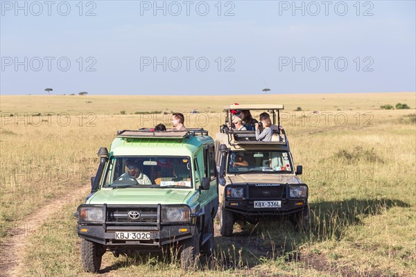 Tourists in safari cars watching wildlife on the savannah, Maasai Mara National Reserve, Kenya, Africa