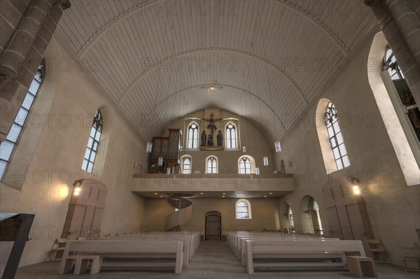 Interior with view to the west side with gallery and crucifixion group, St Clare's Church, Koenigstrasse 66, Nuremberg, Middle Franconia, Bavaria, Germany, Europe