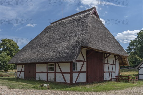Thatched farmhouse from the 19th century, open-air museum for folklore Schwerin-Muess, Mecklenburg-Vorpommerm, Germany, Europe