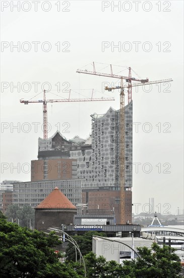 Elbe Philharmonic Hall, Construction cranes in front of a skyscraper under construction against a cloudy sky, Hamburg, Hanseatic City of Hamburg, Germany, Europe