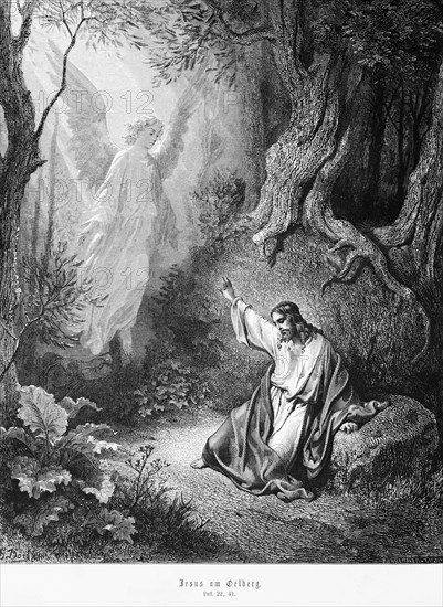 Jesus on the Mount of Olives, Gospel of Luke, chapter 22, Jerusalem, angel, forest, rock, pray, God, light, New Testament, Bible, historical illustration 1886