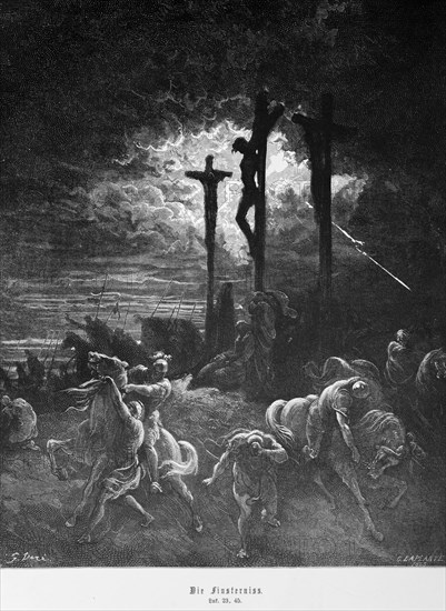 The Darkness, Luke Gospel, Chapter 23, Crucifixion of Jesus, dying, death, mourning, darkness, lightning, rider, flee, run, hurry, Golgotha, New Testament, Bible, historical illustration 1886