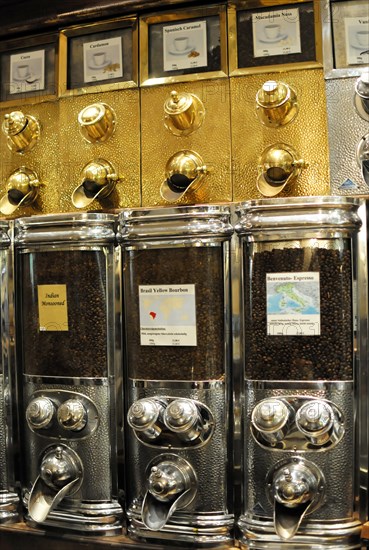 Coffee, series of coffee dispensers with different types of beans and labels, Hamburg, Hanseatic City of Hamburg, Germany, Europe