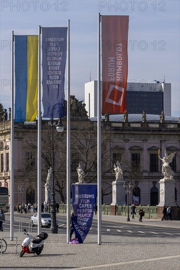 Flagpoles in front of the entrance to the Humboldt Forum, Berlin, Germany, Europe