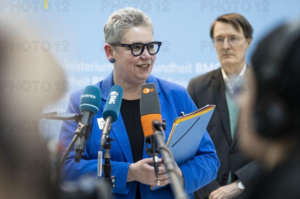 Christine Vogler, President of the German Nursing Council, behind her Karl Lauterbach (SPD), Federal Minister of Health, during talks on the key points of the Nursing Competence Act with nursing associations at the Federal Ministry of Health in Berlin, 20 March 2024